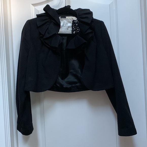 Milly 🖤New York Black Ruffle Collar Crop Cropped Wool Silk Jacket Coat Italy - Picture 2 of 16